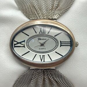 Geneva Women's Watch 40mm Silver Tone Wide Mesh Band Oval New Battery 6.25"